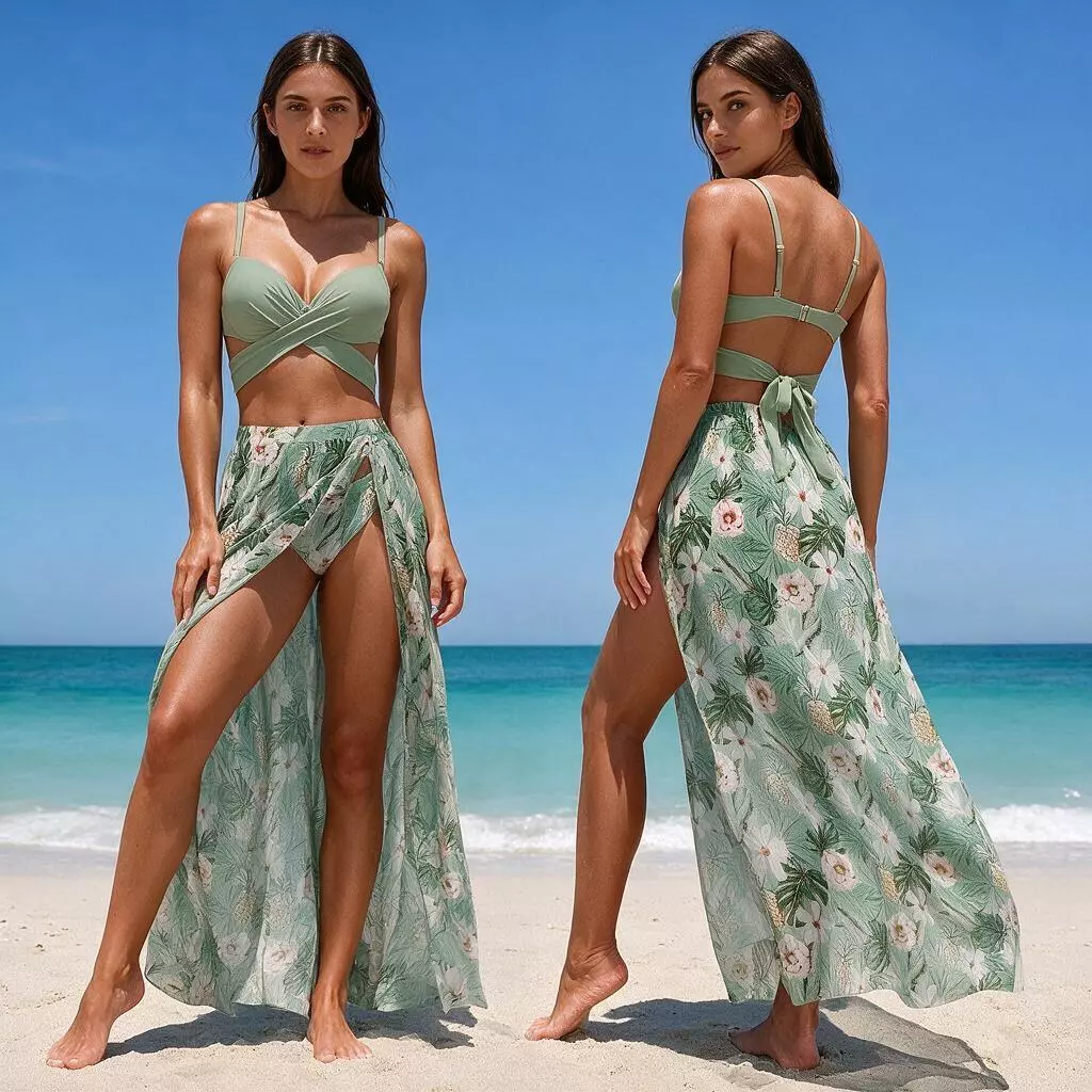 Conjunto De Maiô Biquíni Feminina Saida de Praia Na Barra Três Peças Roupa Banho Babado — imagem 1