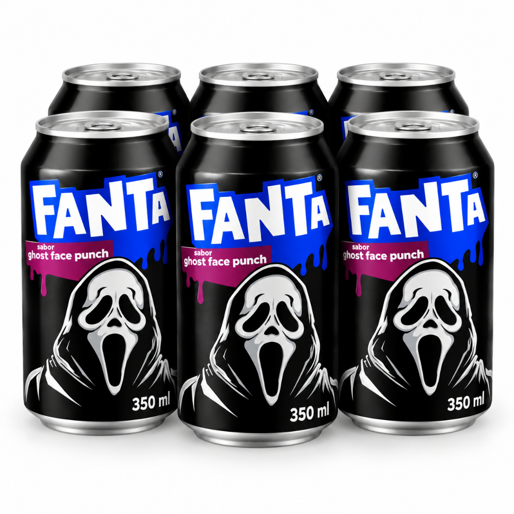 Kit com seis latas da Fanta Mistério Ghost Face Punch de 350 ml