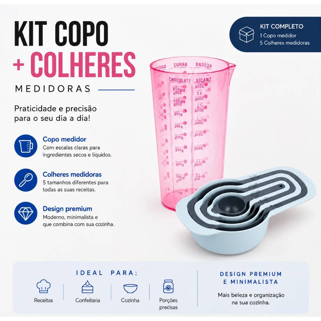 Kit Medidas Copo Medidor Graduado Dosado + Colher Medidora 6 Xícaras  570 ML para Receitas