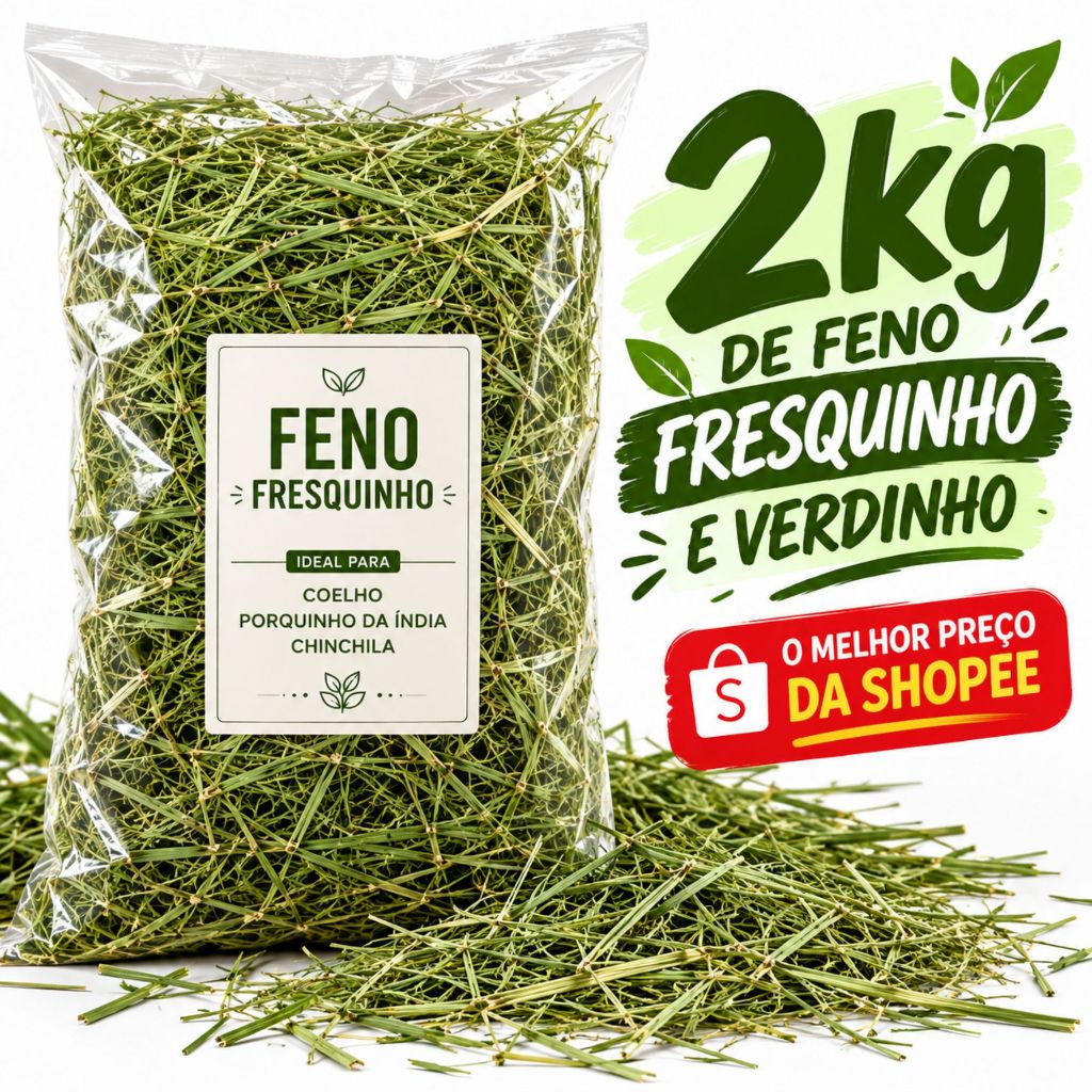 Feno 2kg Premium Para Roedores e Coelhos - Saúde Dental, Digestão Saudável, Anti-Estresse