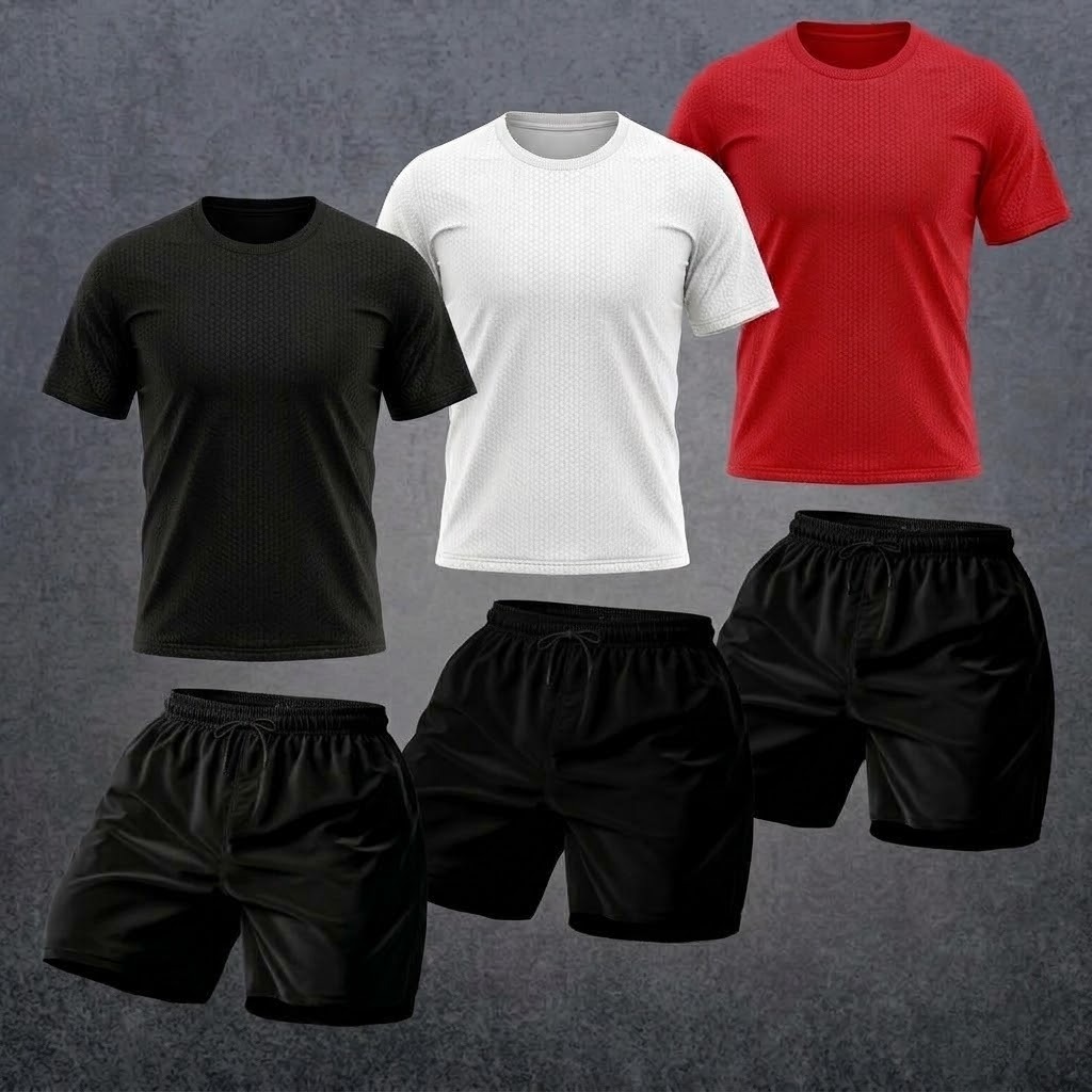 Kit 3 Conjuntos Masculino 3 Camisetas Dry Fit Academia e 3 Short Tactel Mauricinho Masculino Academia Esportivo Verão