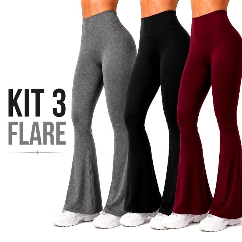 KIT 3 Calças Legging FLARE Bailarina Boca de Sino Grossa Fitness Academia Zero Transparência