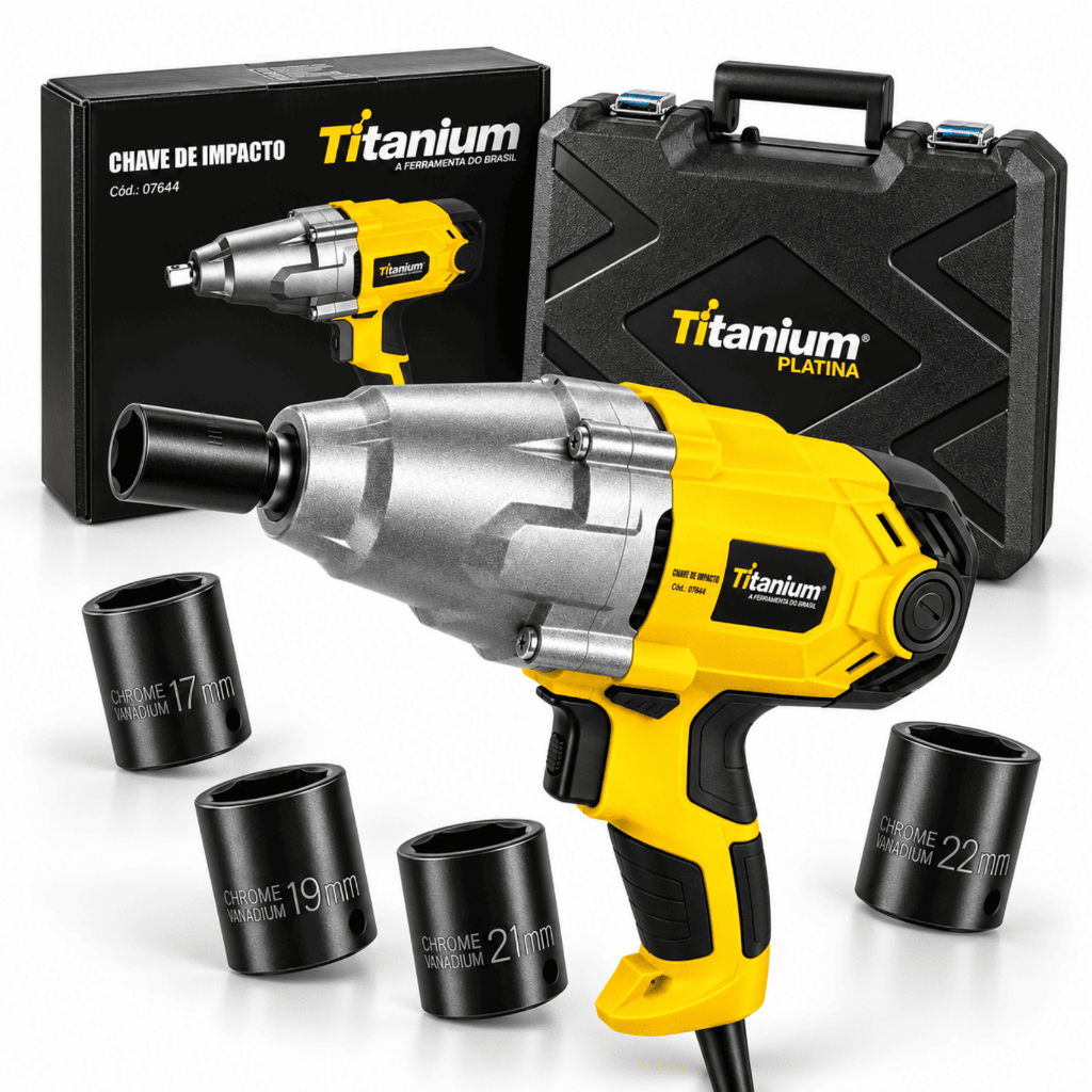 Chave de Impacto 900W 127V 350Nm com 4 Soquetes - Titanium Platina
