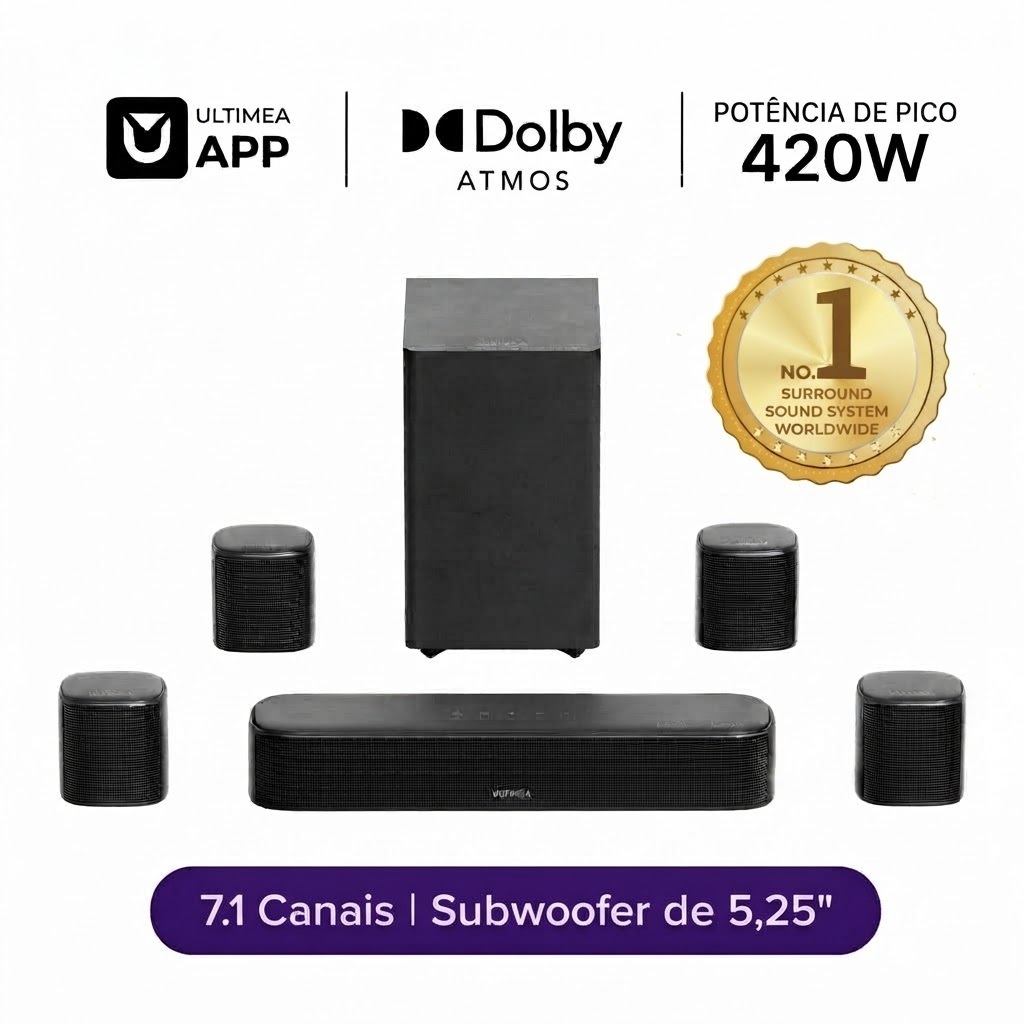 Soundbar ULTIMEA Aura A60 Pro 7.1 Canais, Dolby Atmos, para Home Theater, Subwoofer de 5.25", Som Surround 3D, 420W Pico