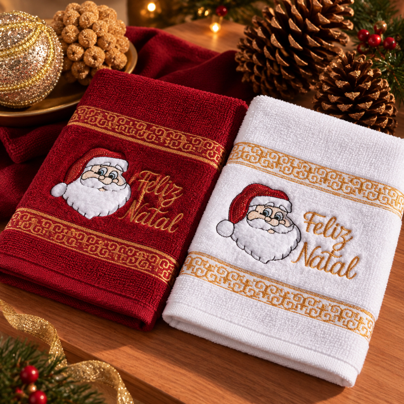 Kit 02 Toalhas Bordadas De Lavabo 100% Algodão Barra Com Aplicação De Bordado Natal Decoração