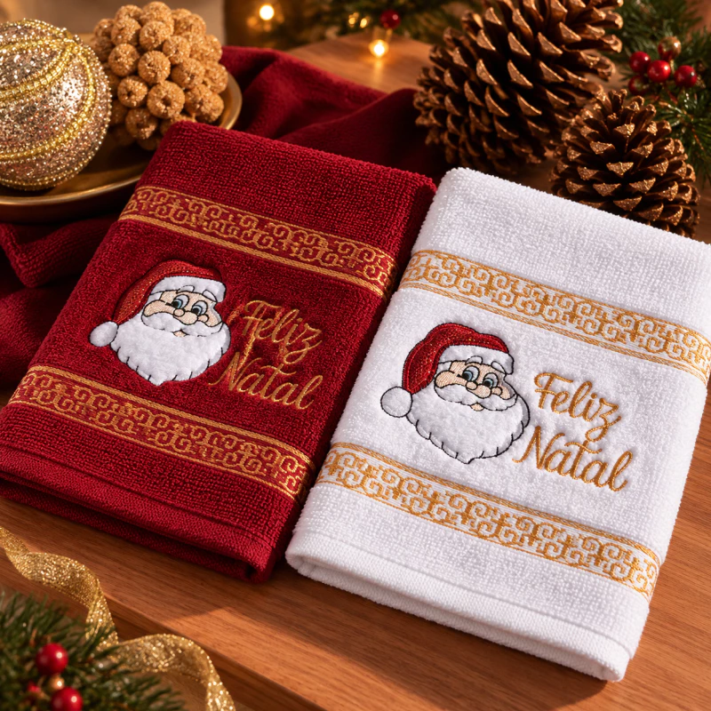 Kit 02 Toalhas Bordadas De Lavabo 100% Algodão Barra Com Aplicação De Bordado Natal Decoração — imagem 1