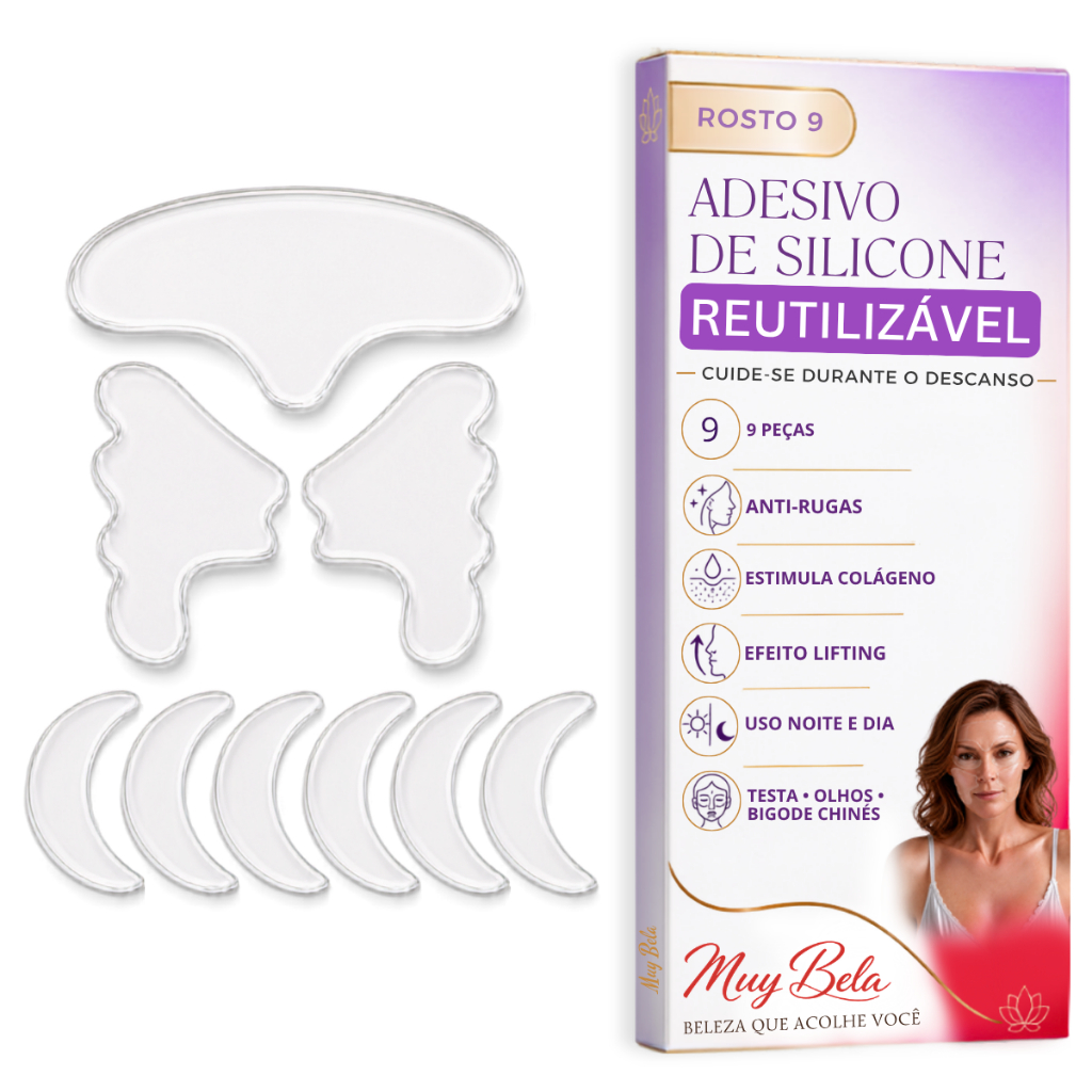Adesivo Anti Rugas Silicone 9 Peças | Skin care Reutilizável, Reduz Rugas e Linhas, Colágeno, Botox Natural, Até 30 Usos
