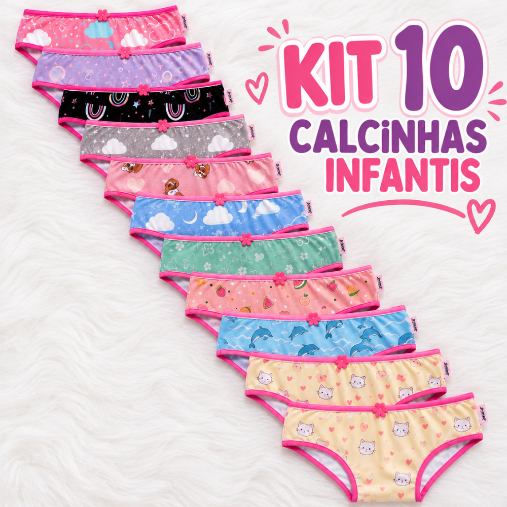 Kit 10 Calcinhas Infantil Menina Forro 100% Algodão Confortável Tecido Suede Estampas Variadas