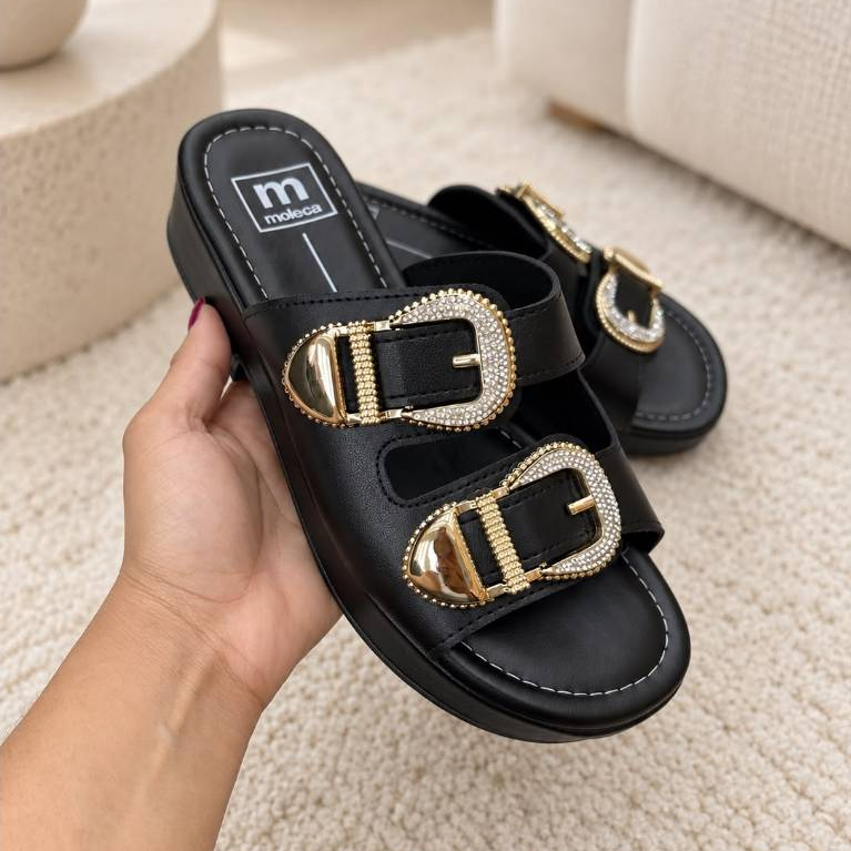 Tamanco feminino Moleca confortável com fivelas e strass papete chinelo sandália original confortável
