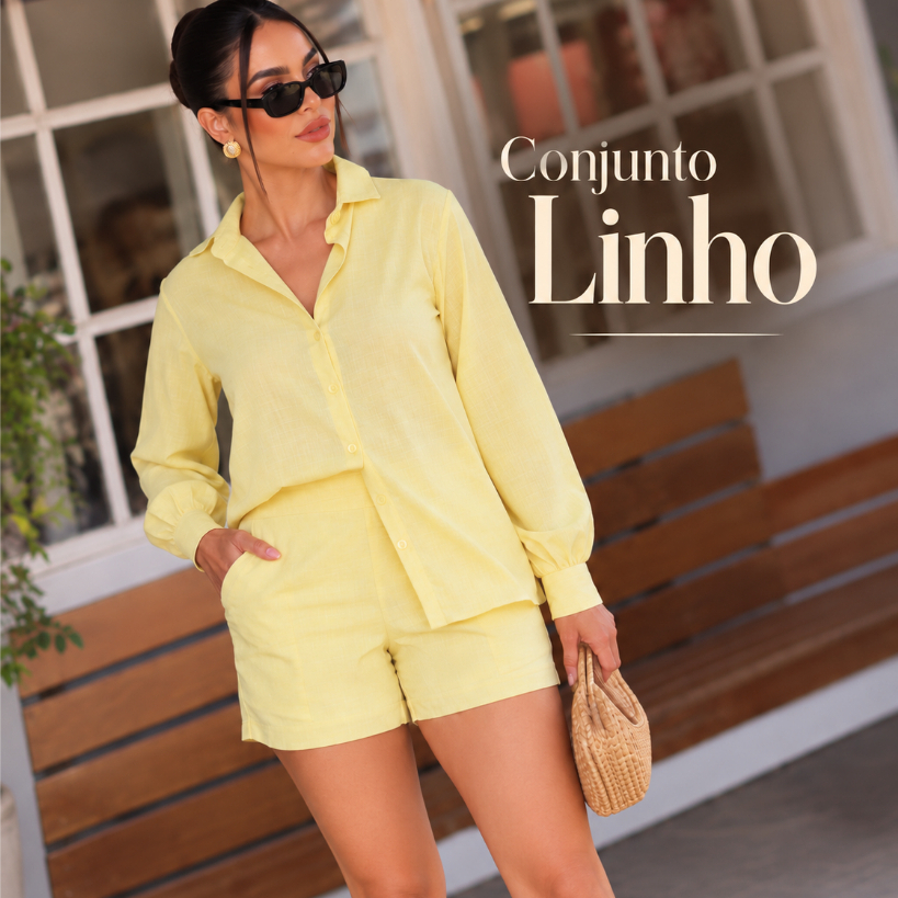 Conjunto Linho Feminino Camisa Manga Longa Shorts forrado