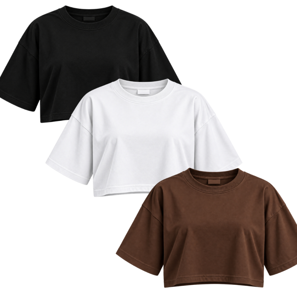Kit 3 Cropped Feminino Oversized Básico Algodão Premium Manga Curta