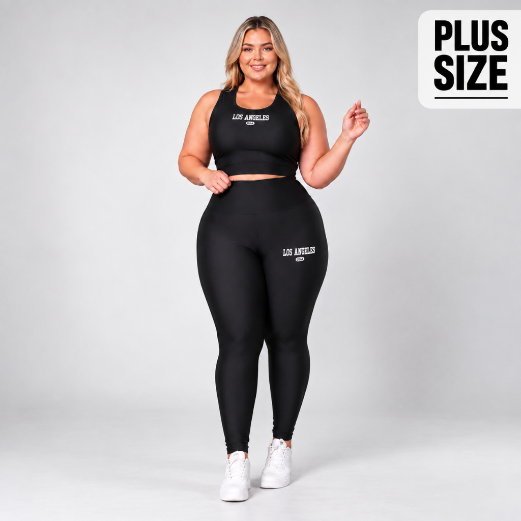 Conjunto Fitness Plus Size Feminino Los Angeles, G1-G4 Legging Cintura Alta +Top Sustentação Zero Transparência Academia