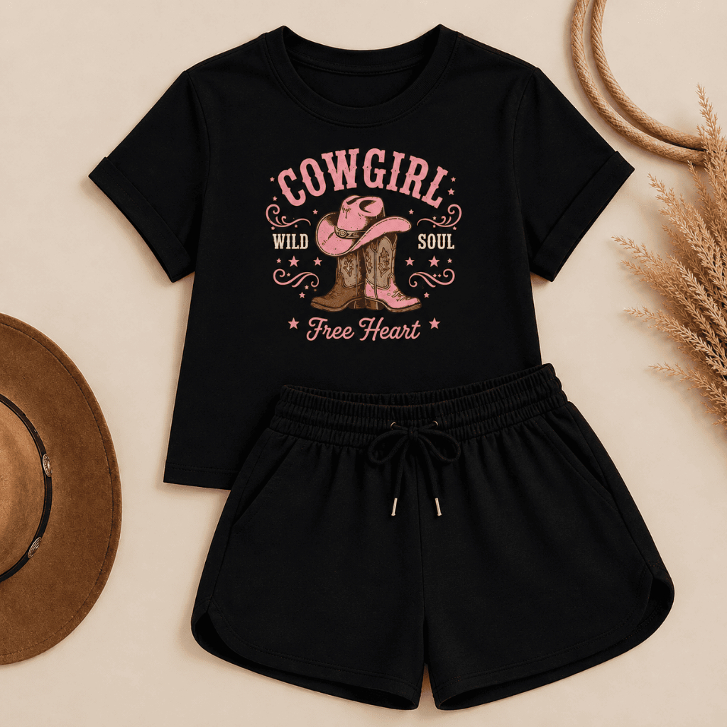 Conjunto Feminino Infantil Country Camiseta + Short Moletinho Look Cowgirl Moda Infantil