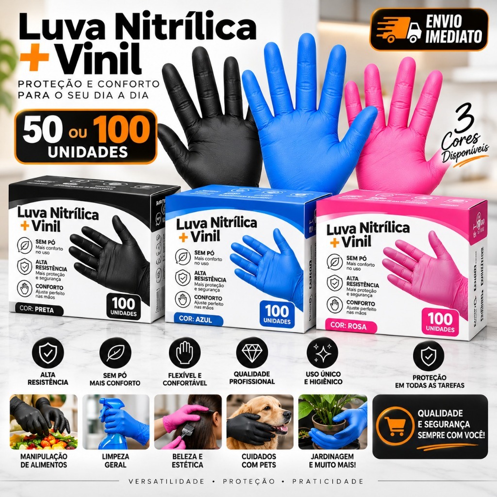 Luva Vinil Nitrilíca Preta Rosa Azul Descartável Sem Pó Caixa Com 100 Unidades Resistente Multiuso