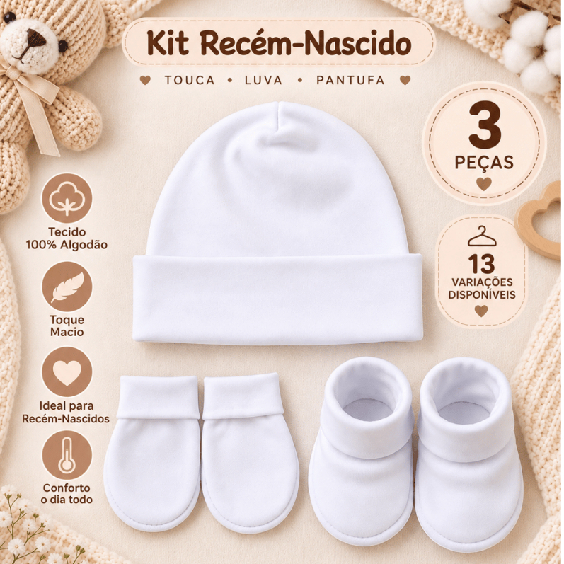 Kit Recém Nascido Bebê Touca Luva E Sapatinho Algodão Macio Enxoval Maternidade