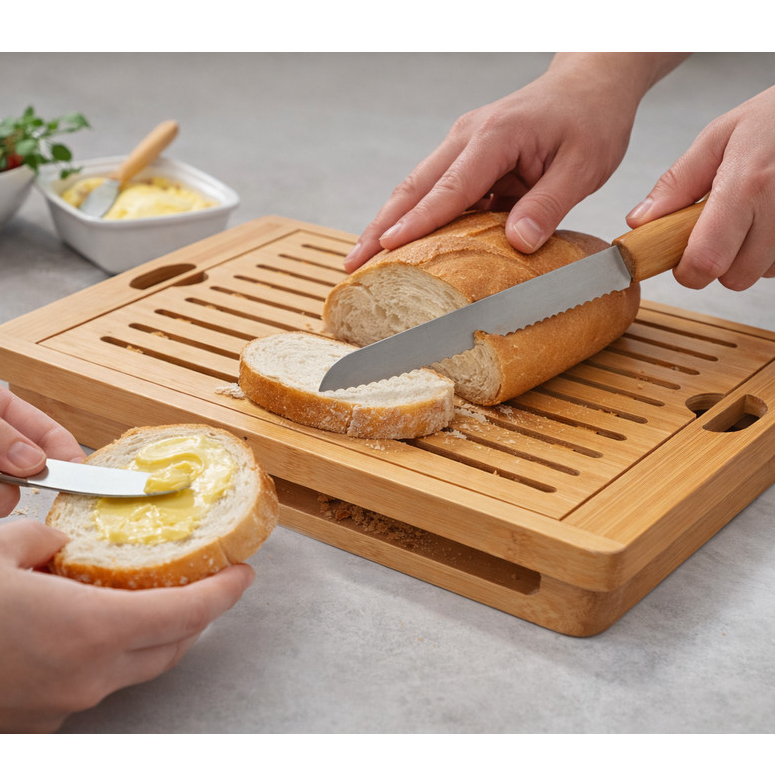 Tábua Migalheira de Pão em Bambu + Faca Serrilhada + 4 Espátulas para Manteiga