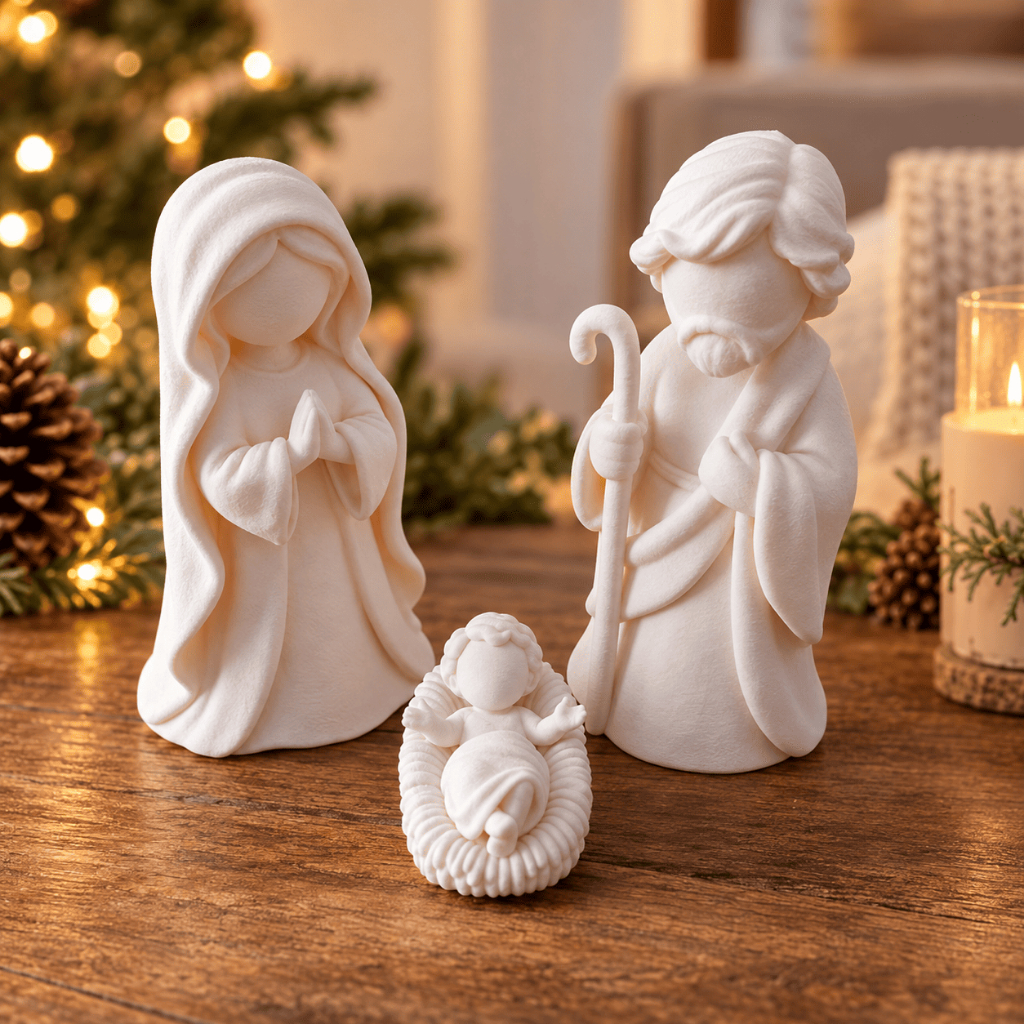 Presépio Minimalista Decorativo 3 Figuras Maria José Menino Jesus Decoração de Natal Religiosa Para Casa Sala Mesa