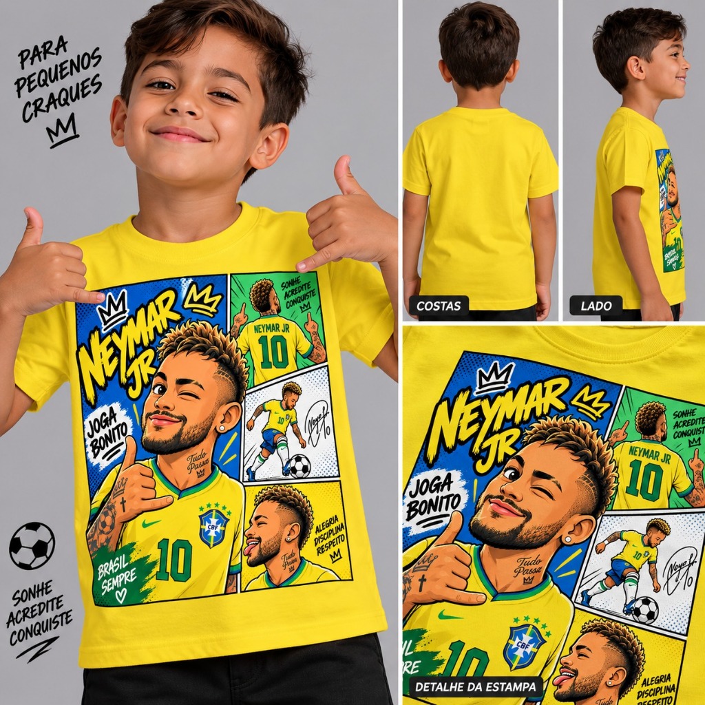 Camiseta Infantil Neymar Jr Brasil Menino Estampada Futebol Confortável Presente