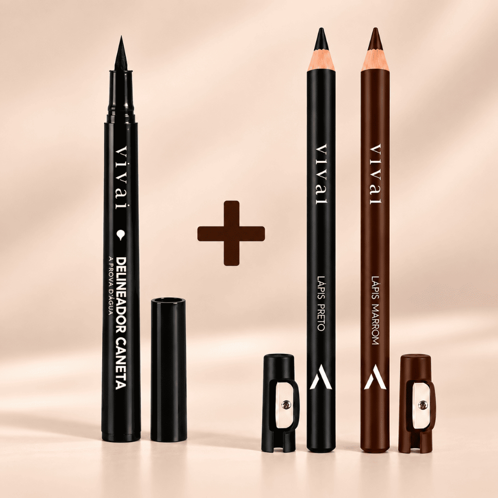 Kit Caneta Delineadora A Prova D Água e 2 Lápis Olho e Sobrancelha Vivai Preto Marrom Delineador Febella