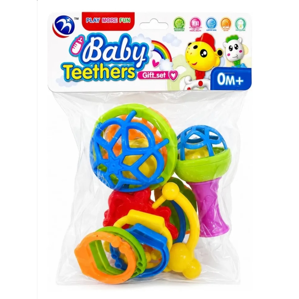 Kit 8 Peças Mordedor Bebê Sensorial Macio Silicone Soft Chocalho Bolinha Halter Baby Ball