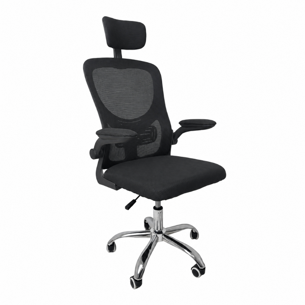 Cadeira Diretor Vegas Mesh: Ergonômica, Apoio Lombar e Cabeça, Braços Retráteis, Base Cromada, até 120kg Preto