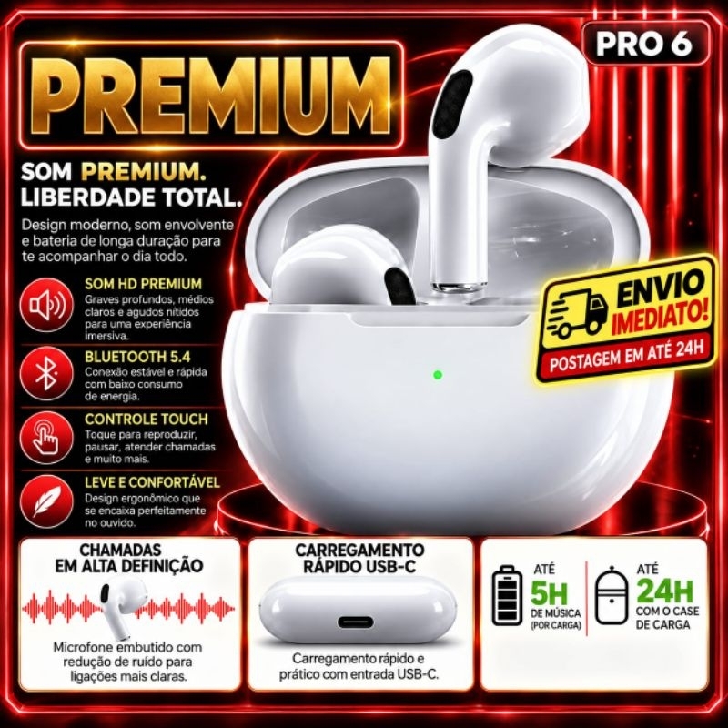 Fone de Ouvido PRO 6 Sem Fio Bluetooth 5.4 com Cancelamento de Ruído à Prova de Suor e Microfone Integrado