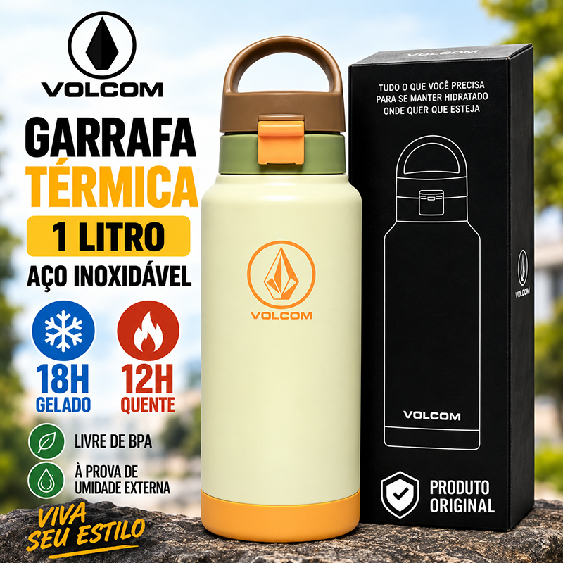 Garrafa Térmica Volcom 1 Litro Aço Inox Com Canudo Quente Fria 18H Amarela