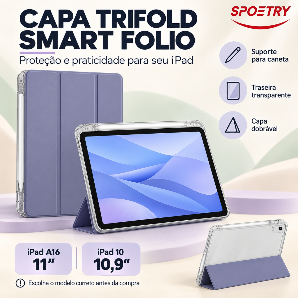 Capa Trifold para ipad A16 (11") e ipad 10 (10.9 pol") - Smart folio com suporte para canenta