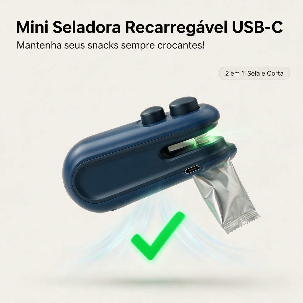 Seladora Portátil 2 em 1 com Cortador e Recarga USB-C para Fechar Embalagens de Alimentos e Manter Snacks Protegidos
