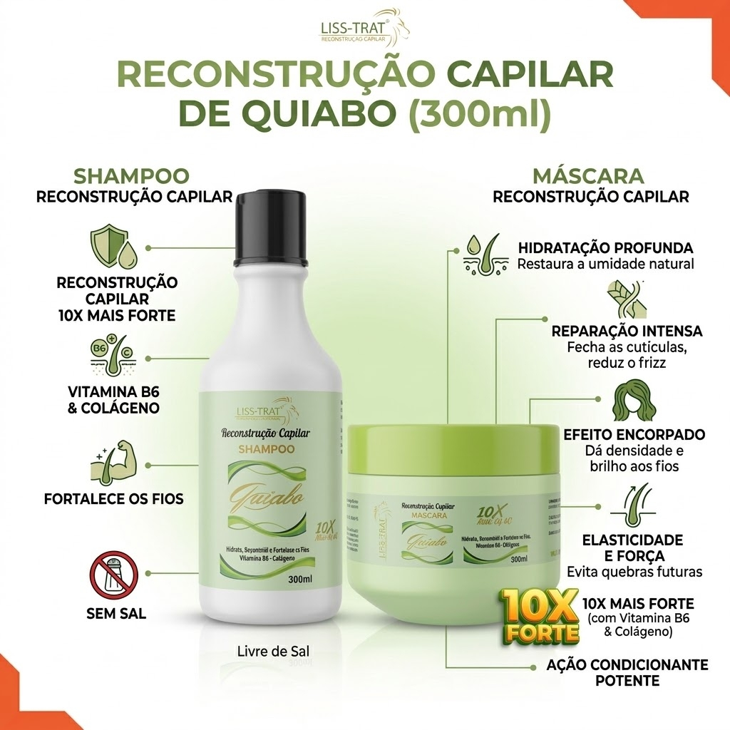 01 KIT CAPILAR QUIABO 2 itens Bio Organico Hidratação Brilho Salão de beleza 300g Para Todo Tipo De Cabelos