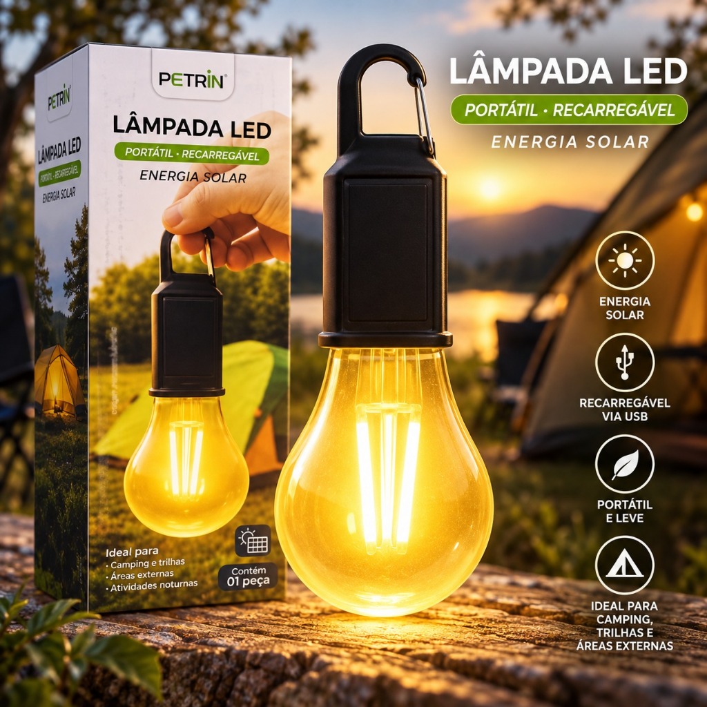 Lâmpada LED Energia Solar USB Recarregável Portátil Ar Livre Emergência Camping Pesca Decoração Lanterna