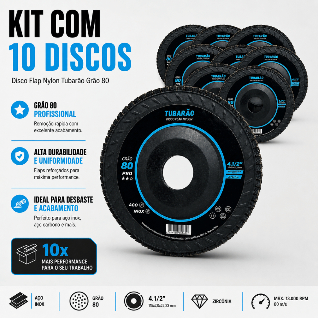 Disco Flap 4.1/2 Zirconio Grão 80 G80 Kit 10 Peças Tubarão