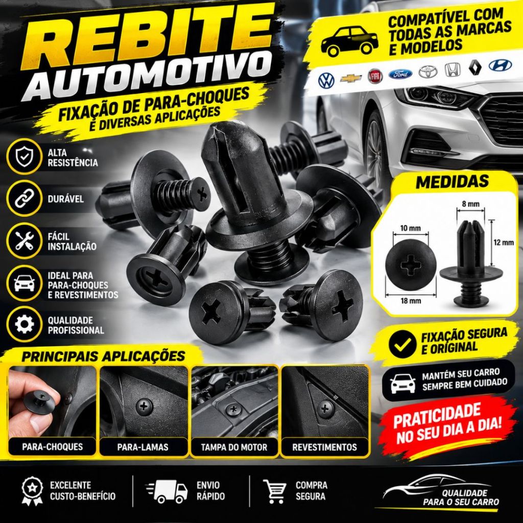 Kit Rebites Plásticos Pretos Universal Pára-Choques de Carro Toyota, Kia, Nissan, Yamaha ANJIN.B