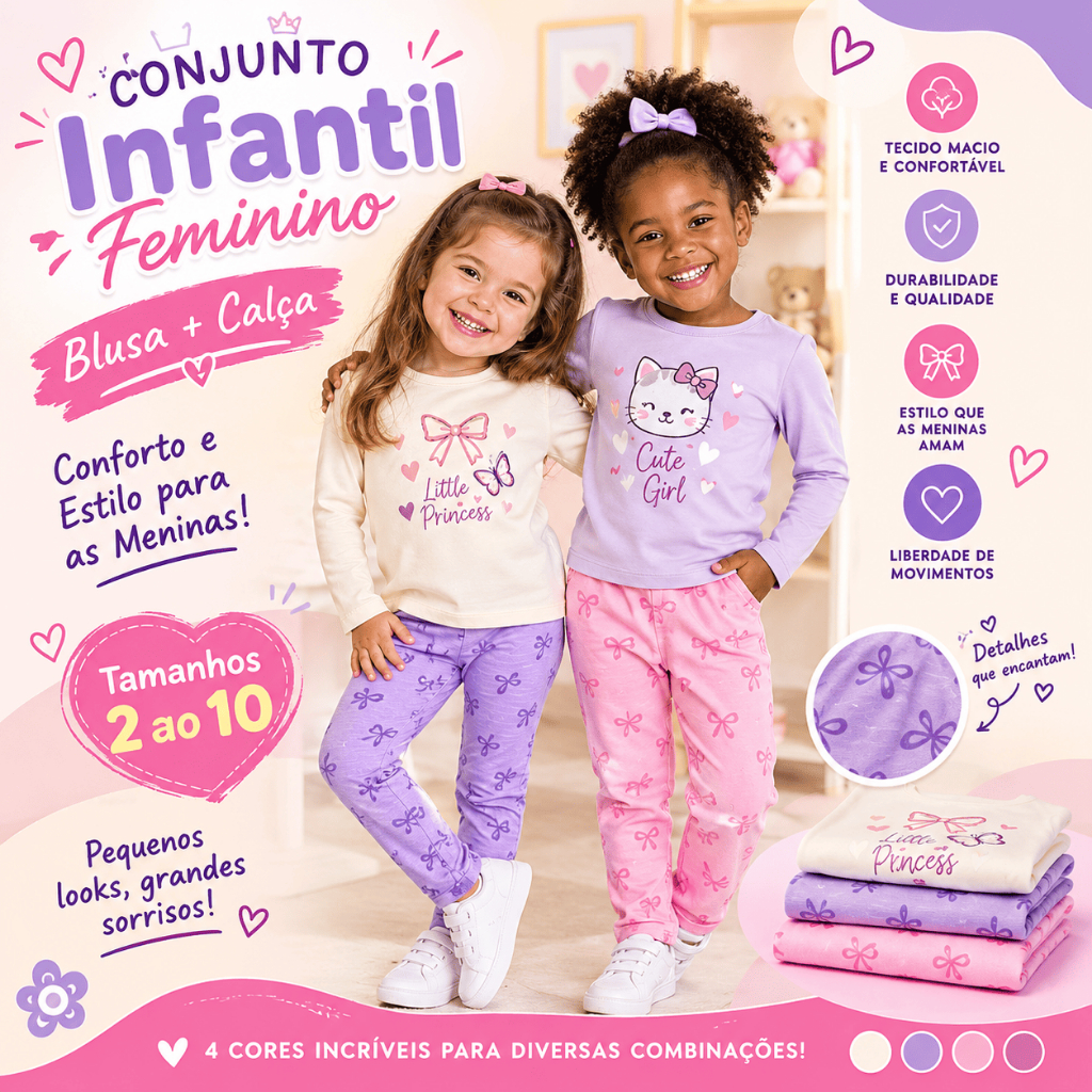 KIT COM 2 CONJUNTOS INFANTIL FEMININO MENINA INVERNO FRIO BLUSA + CALÇA – TAMANHOS 2 AO 10