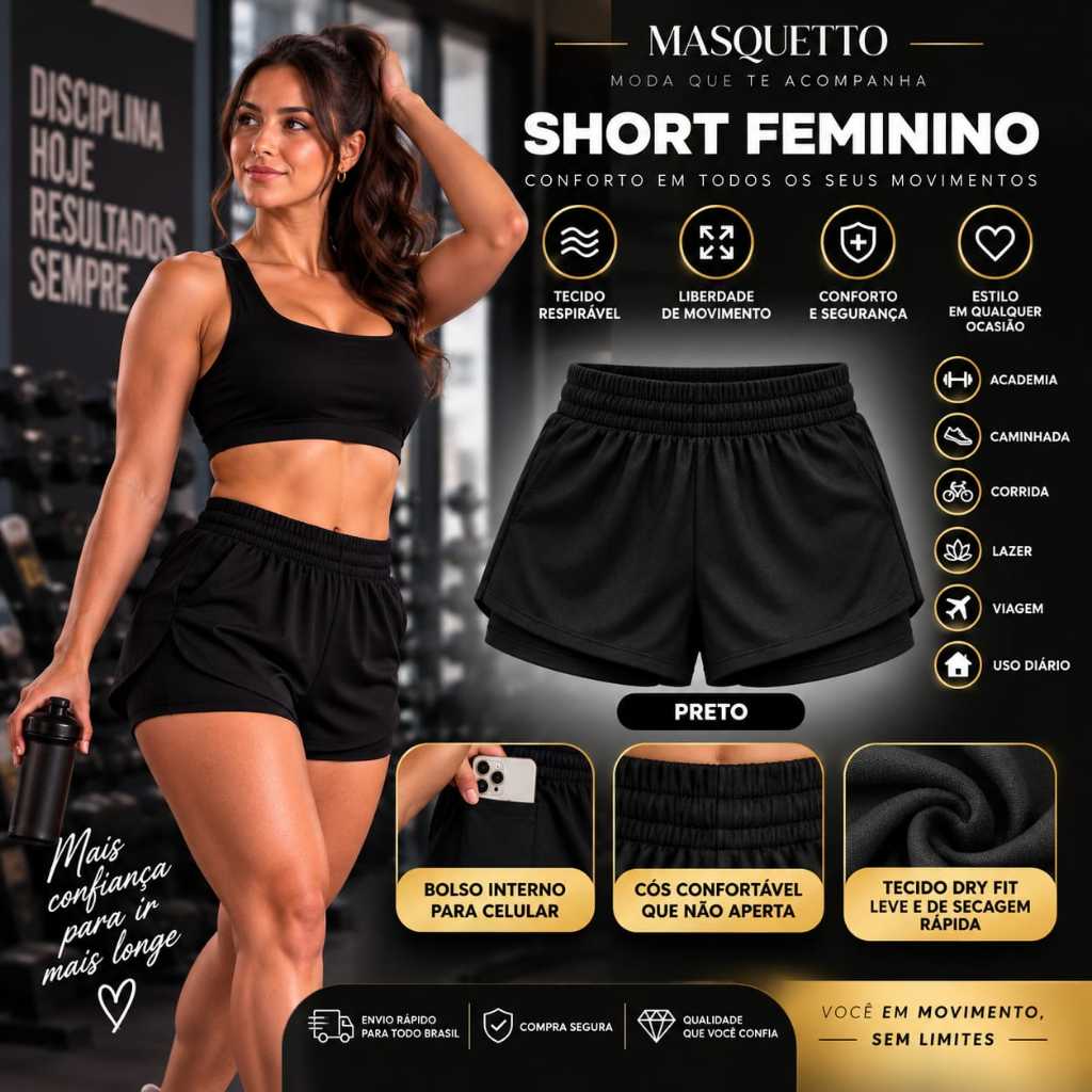 Short Feminino 2 em 1 Dry fit com Bolso para Celular Academia fitness Treino Corrida Caminhada  Esportivo