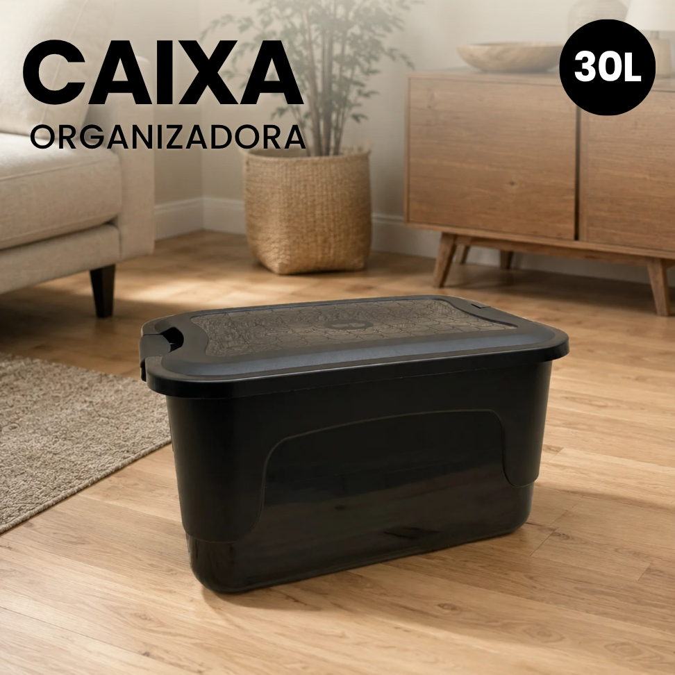 Caixa Organizadora de 30L Preta com Tampa e Trava Multiuso para Casa Quarto Cozinha Lavanderia