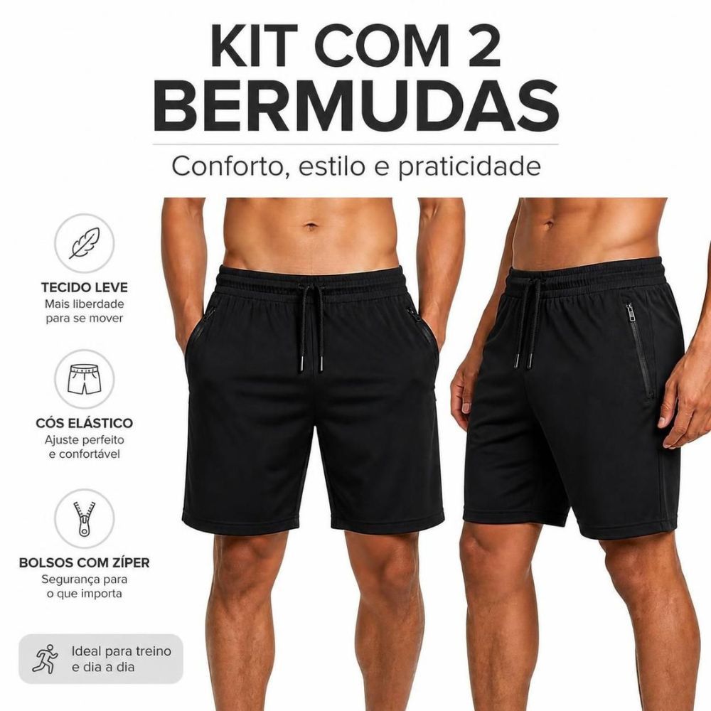 Kit 2 Bermudas Masculina Esportiva Dry Fit Academia Treino Crossfit Musculação Seca Rápido Zíper no Bolso