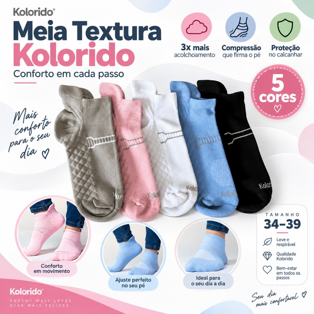 Kit 5 Pares Meias textura Cano Curto Premium
