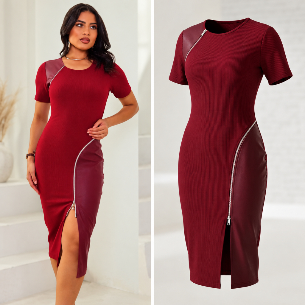 Vestido Mídi Feminino Courinho Ajustável Canelado Elegante Com Zíper e Detalhe gola redonda