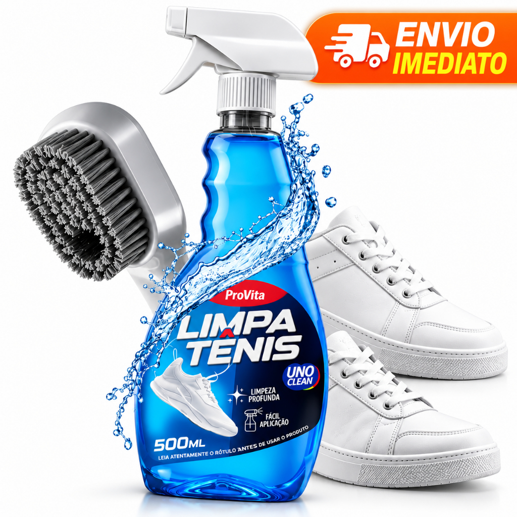 Kit Limpa Tênis Spray Premium 500ml + Escova Limpeza Profunda Remove Manchas Sujeira Solado Encardido Calçado Branco