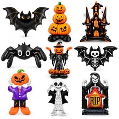 Balão Metalizado Halloween grande c/ Base 132cm Esqueleto Morte Caveira Abobora Festa Decoração novo