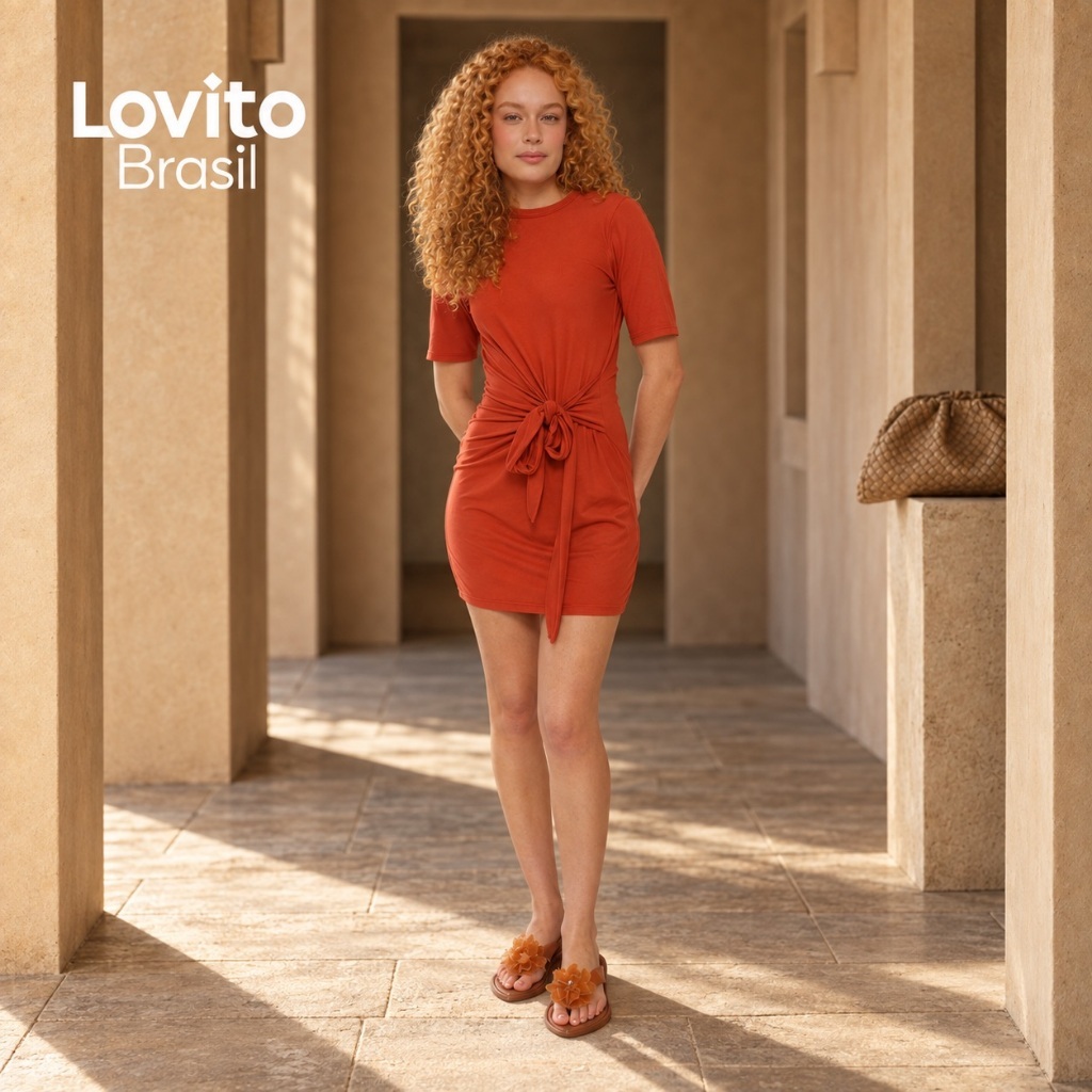 Lovito Vestido Feminino Curto com Amarração Moda Feminina DRB22012231 — imagem 2 de 2