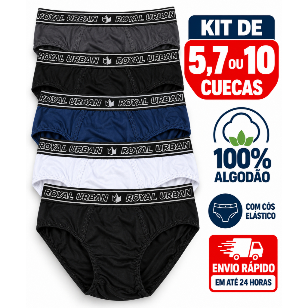 Kit de 5, 7 ou 10 Cueca Masculina Algodão com cós elástico modelo slip para o dia a dia diversas cores não aperta