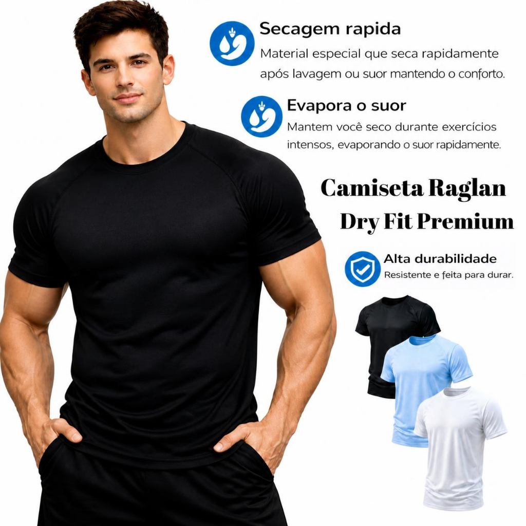 Camiseta Dry Fit Raglan Premium Masculina | Academia Fitness Treino Musculação Casual Respirável Leve