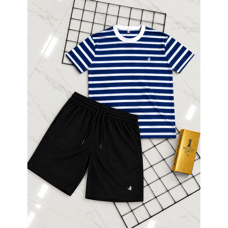 Kit Masculino Casual Premium – Camiseta Listrada + Bermuda + perfume 50ml