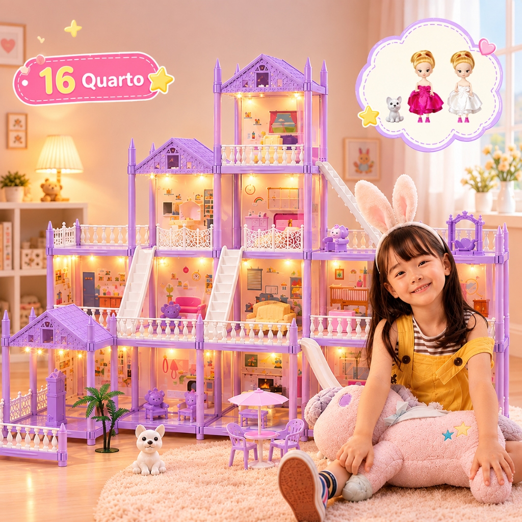(luz kit) Casinha de bonecas para meninas com 2 bonecas e Móveis, briquedos de menina dia das crianças presente infantil