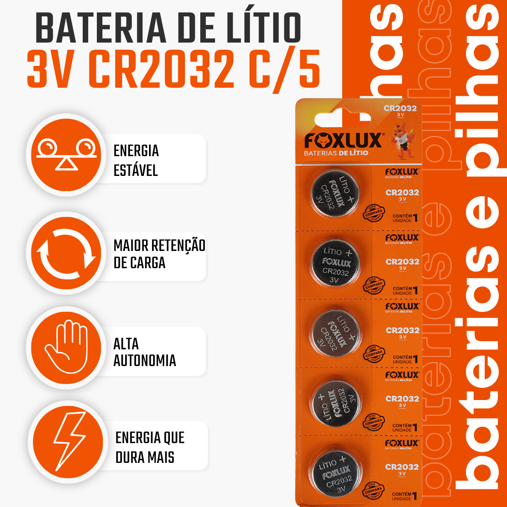 Pilha Bateria CR2032 3V Moeda Foxlux Lítio Kit com 5
