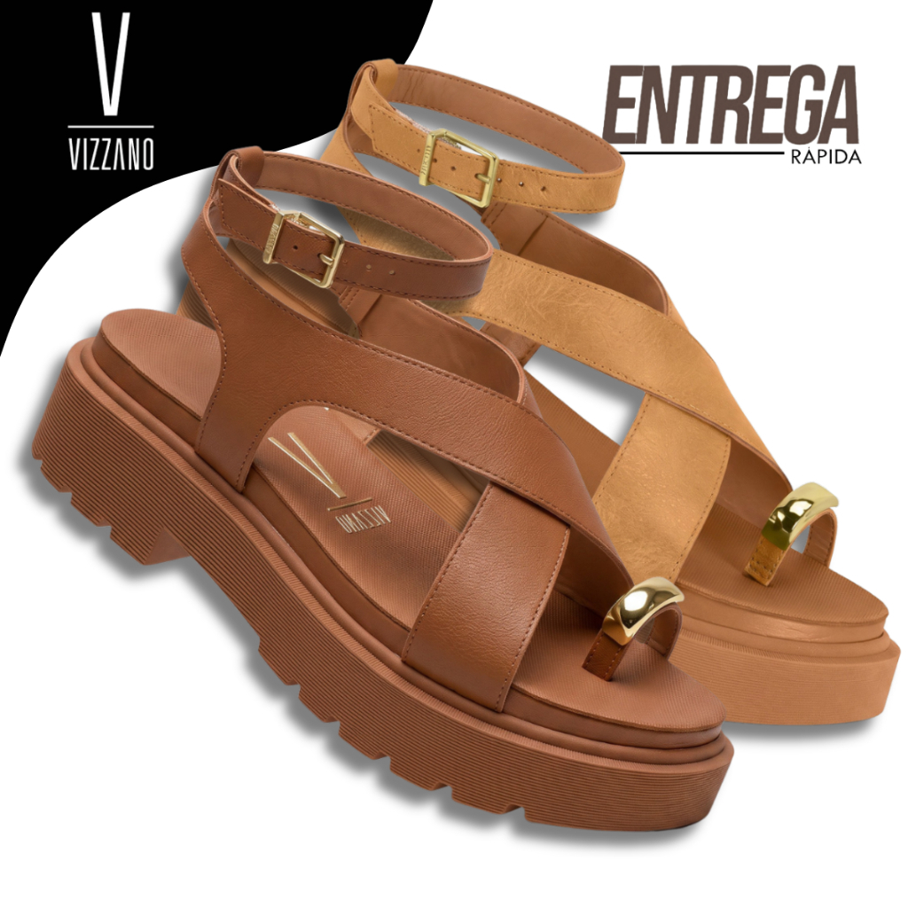 Sandalia Papete Feminina Vizzano Flatform Tratorada Tira em X Dourado Confortavel Original