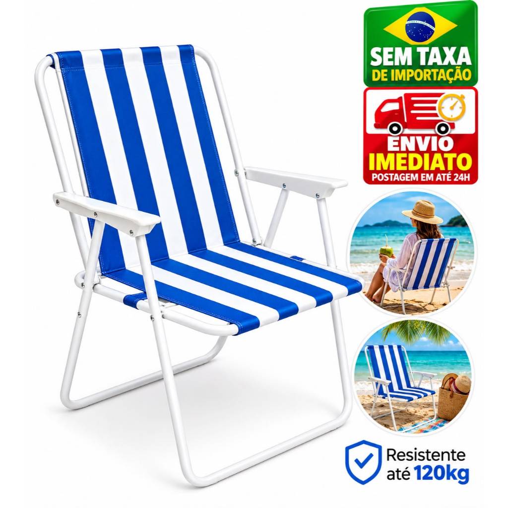 Cadeiras De Praia Dobrável Reforçada Resistente Até 120kg Aço