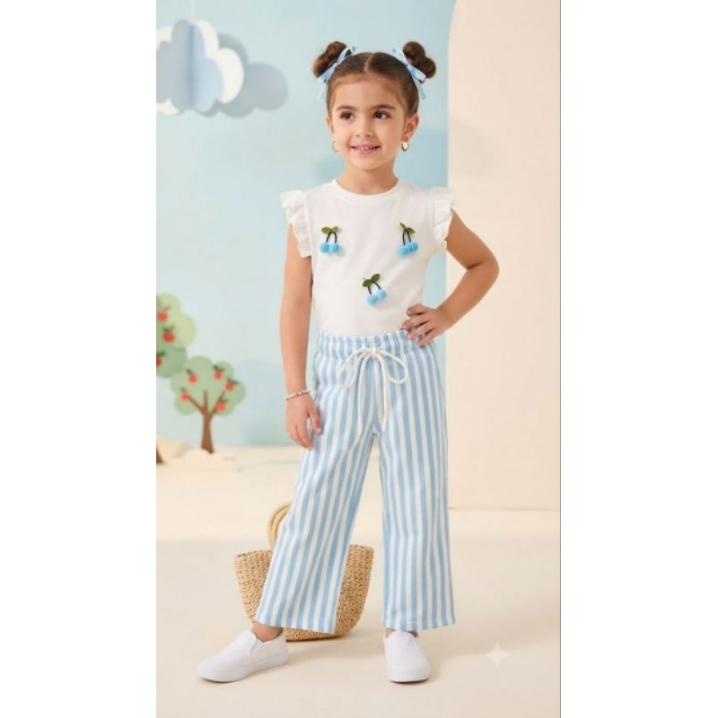 Conjunto Infantil Feminino Calça Listrada Azul + Blusa Cerejinha Azul | Roupa Menina Moda Verão